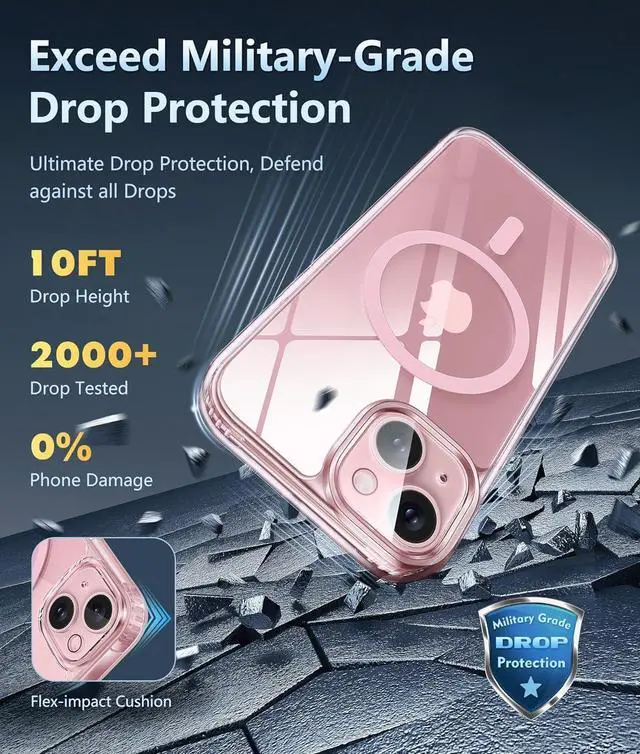 Alt view image 4 of 7 - for iPhone 15 Case: Support Magnetic Charging Military Grade Drop Protection Anti Yellowing Cell Phone Cover - Rugged Sturdy Shockproof Protective Bumper - 6.1 Inch (Clear PinkRing)