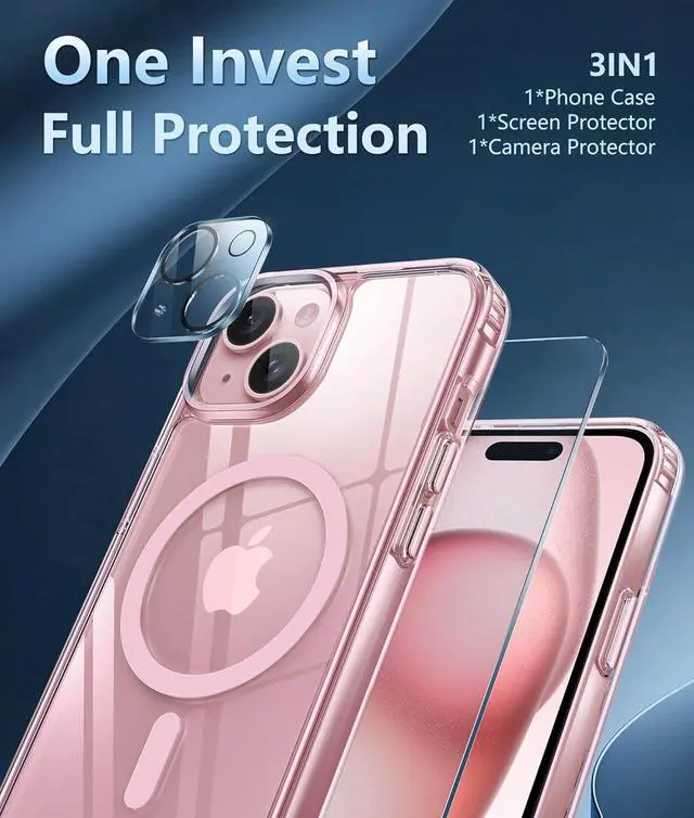 Alt view image 6 of 7 - for iPhone 15 Case: Support Magnetic Charging Military Grade Drop Protection Anti Yellowing Cell Phone Cover - Rugged Sturdy Shockproof Protective Bumper - 6.1 Inch (Clear PinkRing)