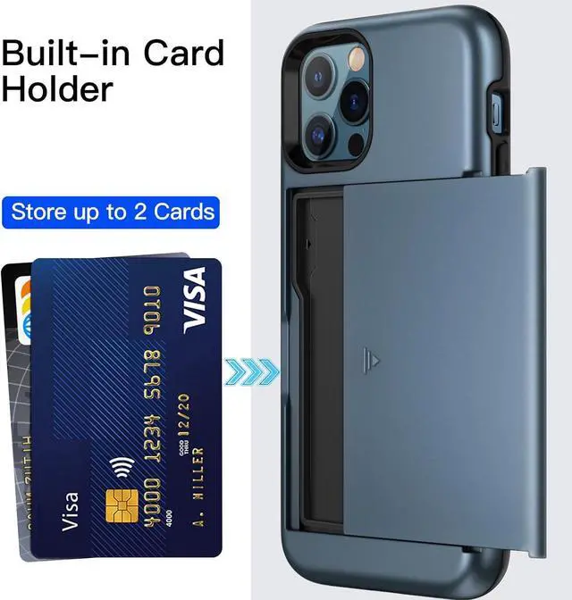 Alt view image 3 of 7 - JETech Wallet Case for iPhone 12/12 Pro 6.1-Inch with Card Holder, Dual Layer Shockproof Protective Phone Cover, Sliding Hidden Slot (Sea Blue)