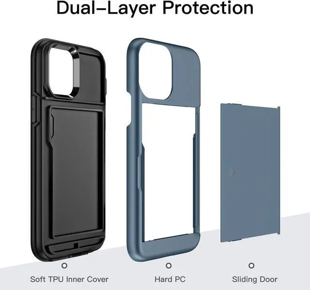 Alt view image 4 of 7 - JETech Wallet Case for iPhone 12/12 Pro 6.1-Inch with Card Holder, Dual Layer Shockproof Protective Phone Cover, Sliding Hidden Slot (Sea Blue)