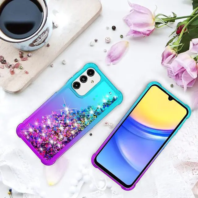 Alt view image 7 of 7 - for Galaxy A15 5G Phone Case,Samsung Galaxy A15 5G Case,with HD Screen Protector,Gradient Quicksand Glitter Liquid Floating Cute Phone Case for Samsung A15 5G (Teal/Purple)