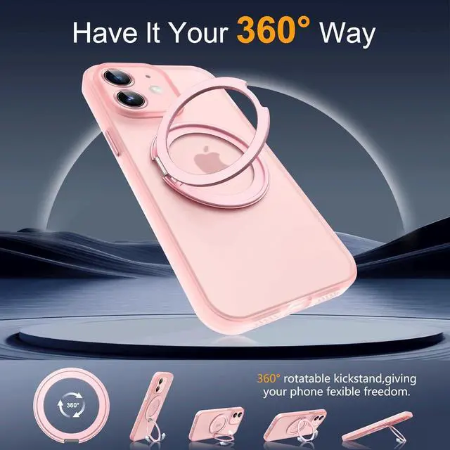 Alt view image 2 of 7 - Compatible with iPhone 11 Phone Case 6.1" [Compatible with Mag-Safe][360°Rotatable Magnetic Ring Stand] Translucent Protective Case with Ring Holder for iPhone 11,Pink