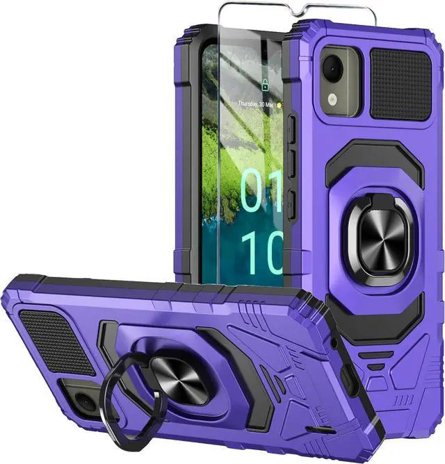 Main image of for Nokia C110 Phone Case with Tempered Glass Screen Protector,Military Grade Heavy Duty Shockproof Protective Cover,with Ring Kickstand Full-Body Protective for Nokia C110 (Purple)