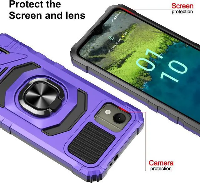 Alt view image 2 of 7 - for Nokia C110 Phone Case with Tempered Glass Screen Protector,Military Grade Heavy Duty Shockproof Protective Cover,with Ring Kickstand Full-Body Protective for Nokia C110 (Purple)