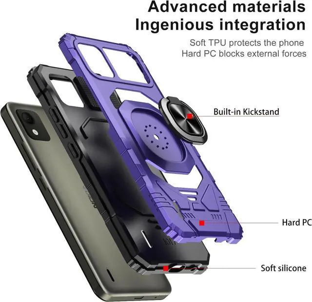 Alt view image 3 of 7 - for Nokia C110 Phone Case with Tempered Glass Screen Protector,Military Grade Heavy Duty Shockproof Protective Cover,with Ring Kickstand Full-Body Protective for Nokia C110 (Purple)