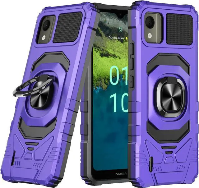 Alt view image 7 of 7 - for Nokia C110 Phone Case with Tempered Glass Screen Protector,Military Grade Heavy Duty Shockproof Protective Cover,with Ring Kickstand Full-Body Protective for Nokia C110 (Purple)