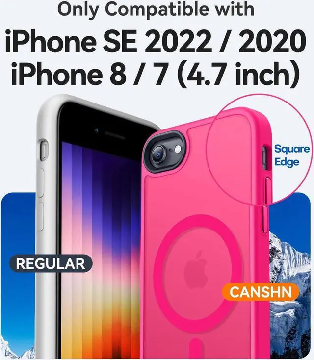 Alt view image 3 of 7 - CANSHN Magnetic Case for iPhone SE 2022/iPhone SE 2020/iPhone 8, Built in Magnets Compatible with MagSafe, Translucent Matte Back Phone Cover for iPhone 8/SE 2/SE 34.7" Frosted Hot Pink