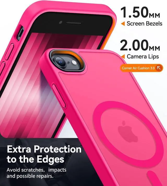 Alt view image 5 of 7 - CANSHN Magnetic Case for iPhone SE 2022/iPhone SE 2020/iPhone 8, Built in Magnets Compatible with MagSafe, Translucent Matte Back Phone Cover for iPhone 8/SE 2/SE 34.7" Frosted Hot Pink