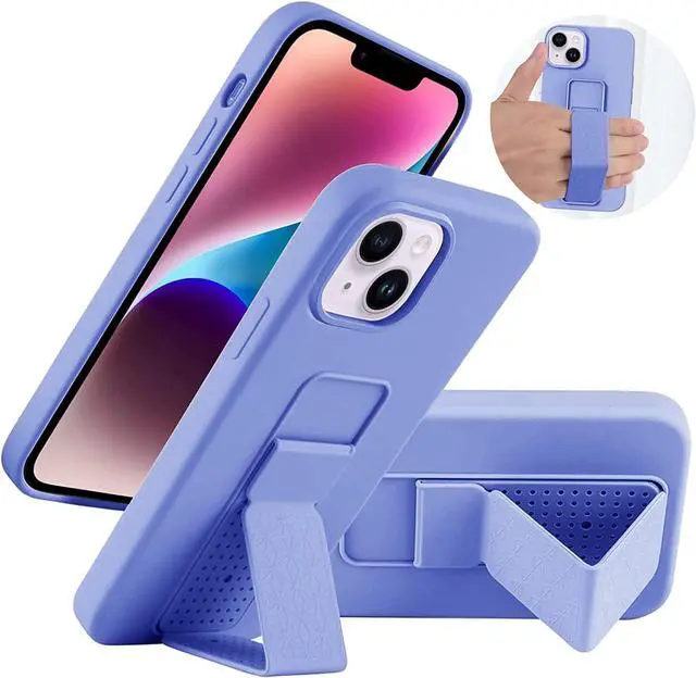 Main image of LAUDTEC Silicone Kickstand Case Compatible with iPhone 14, Vertical and Horizontal Stand Hand Strap Metal Kickstand Cover, Flexible Soft Liquid Silicone Stand Case for iPhone 14 (Purple)