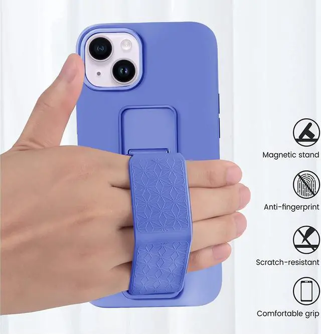 Alt view image 6 of 7 - LAUDTEC Silicone Kickstand Case Compatible with iPhone 14, Vertical and Horizontal Stand Hand Strap Metal Kickstand Cover, Flexible Soft Liquid Silicone Stand Case for iPhone 14 (Purple)