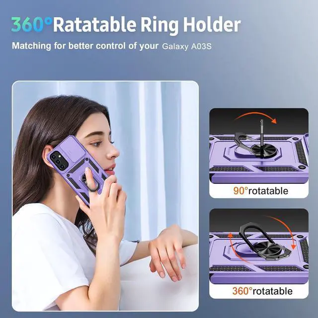 Alt view image 6 of 6 - for Samsung Galaxy A15 5G Case with Slide Lens Cover, HD Screen Protector, Military Grade Drop Protection, Magnetic Rotated Ring Holder Kickstand Phone Case, Lavender