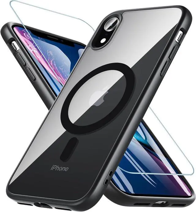 Main image of Hensinple for iPhone XR Case Magnetic, iPhone XR Phone Case with Screen Protector [Compatible with MagSafe][Non-Slip], Clear Hard Back Slim Shockproof Protective Case Cover for iPhone XR 6.1, Black