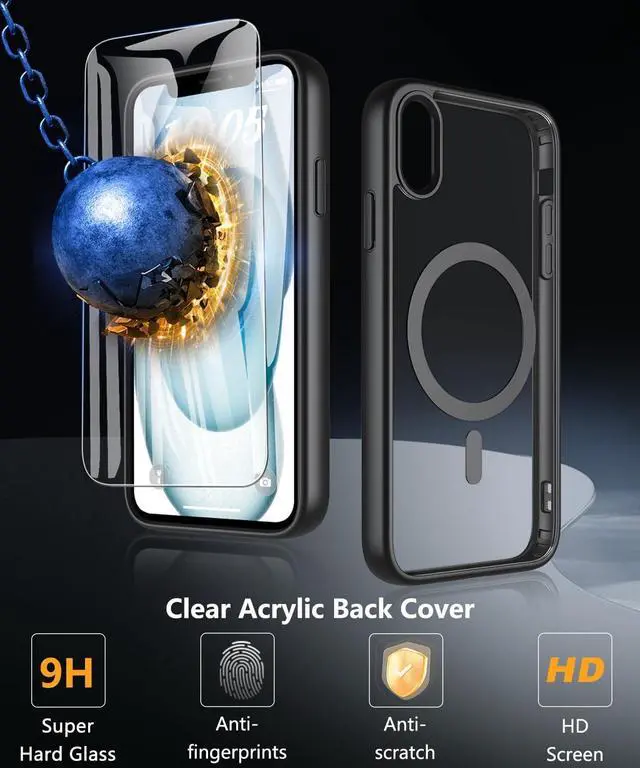 Alt view image 4 of 7 - Hensinple for iPhone XR Case Magnetic, iPhone XR Phone Case with Screen Protector [Compatible with MagSafe][Non-Slip], Clear Hard Back Slim Shockproof Protective Case Cover for iPhone XR 6.1, Black
