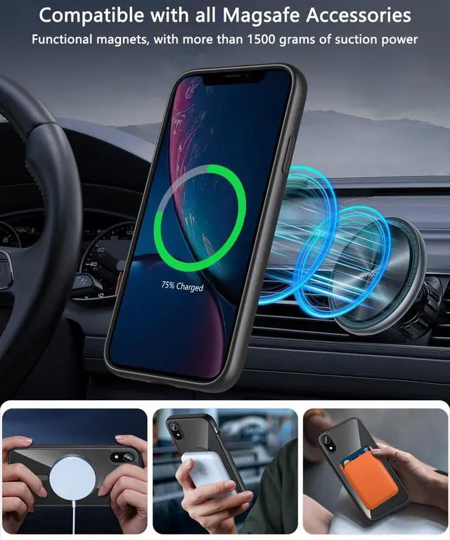Alt view image 6 of 7 - Hensinple for iPhone XR Case Magnetic, iPhone XR Phone Case with Screen Protector [Compatible with MagSafe][Non-Slip], Clear Hard Back Slim Shockproof Protective Case Cover for iPhone XR 6.1, Black