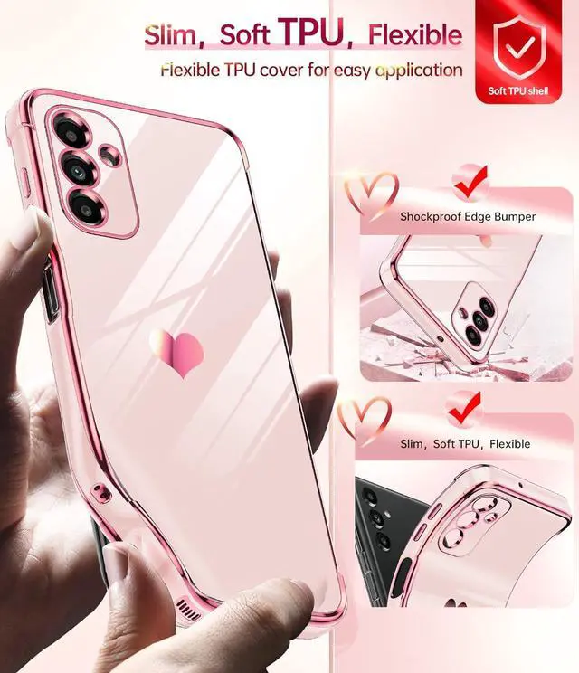 Alt view image 3 of 7 - LeYi for Samsung A13 5G Case / A04s Case for Women for Girl + [2 Pcs] A13 5G Screen Protector, Aesthetic Love Heart Luxury Case Cute Plating Soft TPU Girly Shockproof Case for Galaxy A13 5G, Pink