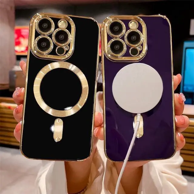 Alt view image 3 of 6 - OOK Magnatic Case for iPhone 15 Pro Max Case [Compatible with MagSafe] Full Camera Lens Protector Gold Electroplate Edge Soft TPU Shockproof Protective Phone Case for Women Men 6.7 Inch - Pink