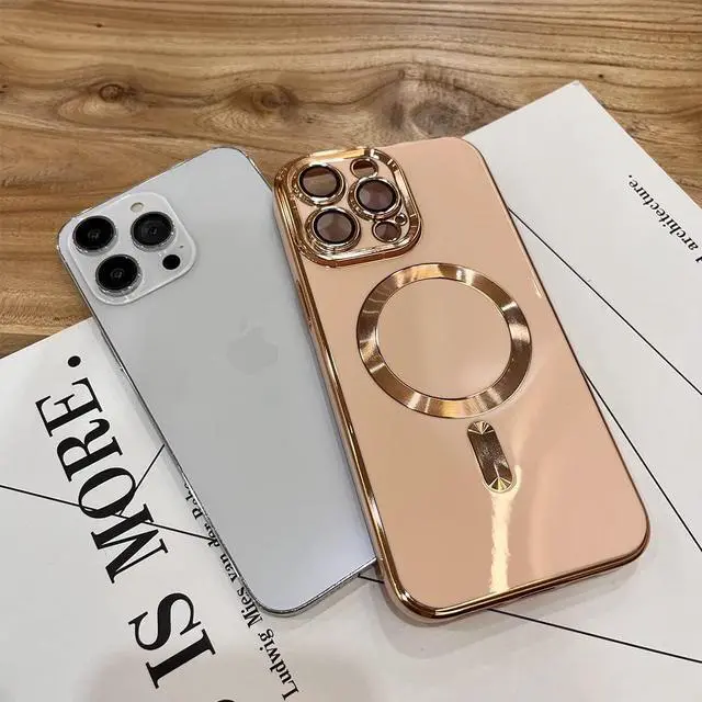 Alt view image 2 of 6 - OOK Magnatic Case for iPhone 15 Pro Max Case [Compatible with MagSafe] Full Camera Lens Protector Gold Electroplate Edge Soft TPU Shockproof Protective Phone Case for Women Men 6.7 Inch - Pink