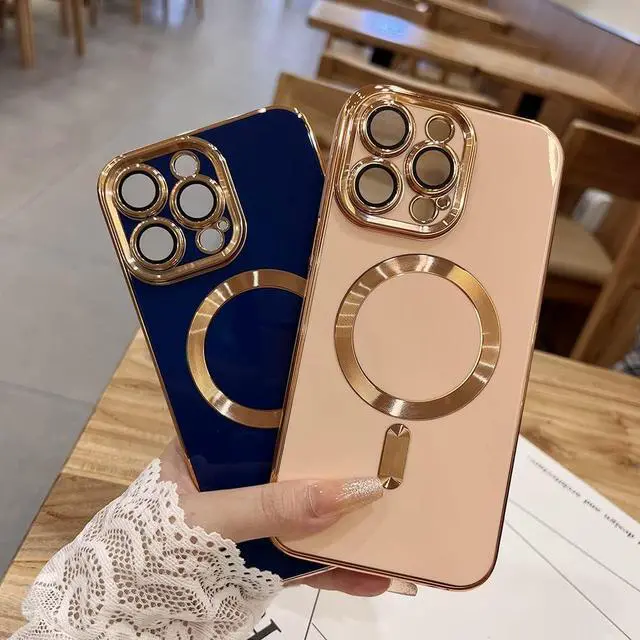 Alt view image 4 of 6 - OOK Magnatic Case for iPhone 15 Pro Max Case [Compatible with MagSafe] Full Camera Lens Protector Gold Electroplate Edge Soft TPU Shockproof Protective Phone Case for Women Men 6.7 Inch - Pink