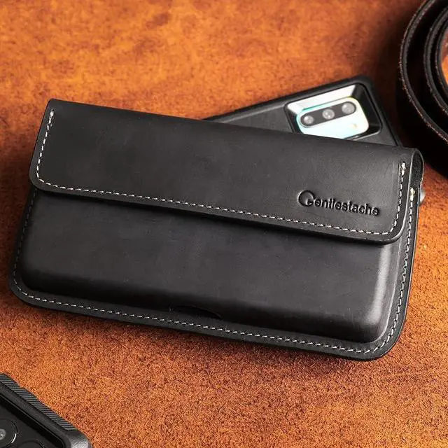 Alt view image 6 of 6 - Large Leather Phone Holster for iPhone 14 Pro 13 Pro, Flip Cell Phone Case for Galaxy S23 S22, Phone Belt Holder with Belt Clip, Phone Pouch for Phone with Protective Case