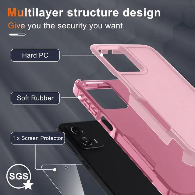Alt view image 4 of 7 - for Motorola Moto G Power 5G 2024 Case, Full Body Heavy Duty Rugged Shockproof Protective Phone Cover with Lanyard Strap, Tempered Glass Screen Protector,Cute Pink