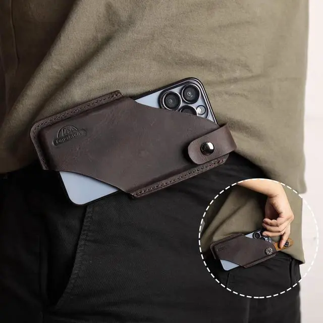 Alt view image 2 of 6 - Topstache Leather Phone Holster with Belt Clip Loop, Leather Belt Case with Magnetic Closure,Cell Phone Case for iPhone, Belt Phone Pouch for Samsung,Leather Phone Sheath for Belt,Darkbrown,Medium