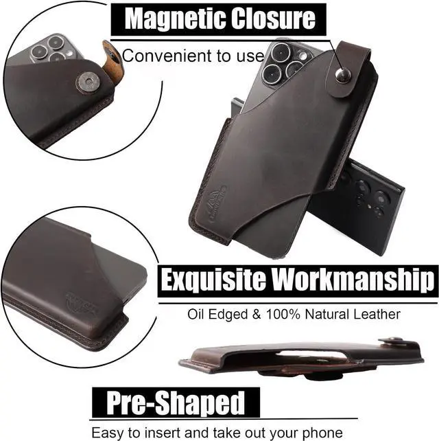 Alt view image 3 of 6 - Topstache Leather Phone Holster with Belt Clip Loop, Leather Belt Case with Magnetic Closure,Cell Phone Case for iPhone, Belt Phone Pouch for Samsung,Leather Phone Sheath for Belt,Darkbrown,Medium