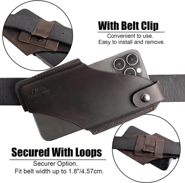Alt view image 4 of 6 - Topstache Leather Phone Holster with Belt Clip Loop, Leather Belt Case with Magnetic Closure,Cell Phone Case for iPhone, Belt Phone Pouch for Samsung,Leather Phone Sheath for Belt,Darkbrown,Medium