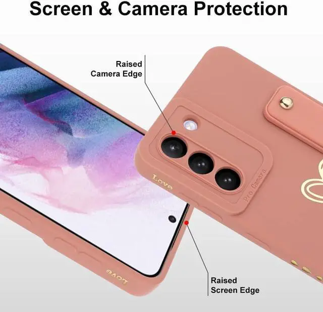Alt view image 4 of 7 - Fiyart Galaxy S21 5G Case - Pink Love Hearts, Slim Protective Cover, Wrist Strap, Kickstand, Bumper & Camera Protection for 6.2" Samsung