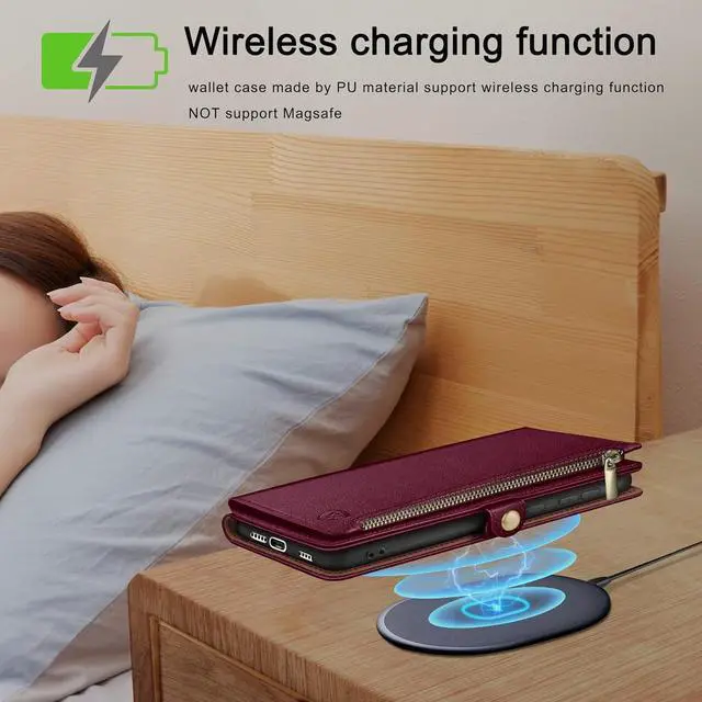 Alt view image 4 of 6 - XcaseBar for iPhone XR 6.1" Wallet case with RFID Blocking Zipper Credit Card Holder, Flip Folio Book PU Leather Phone case Shockproof Cover Women Men for Apple XR case Wine Red