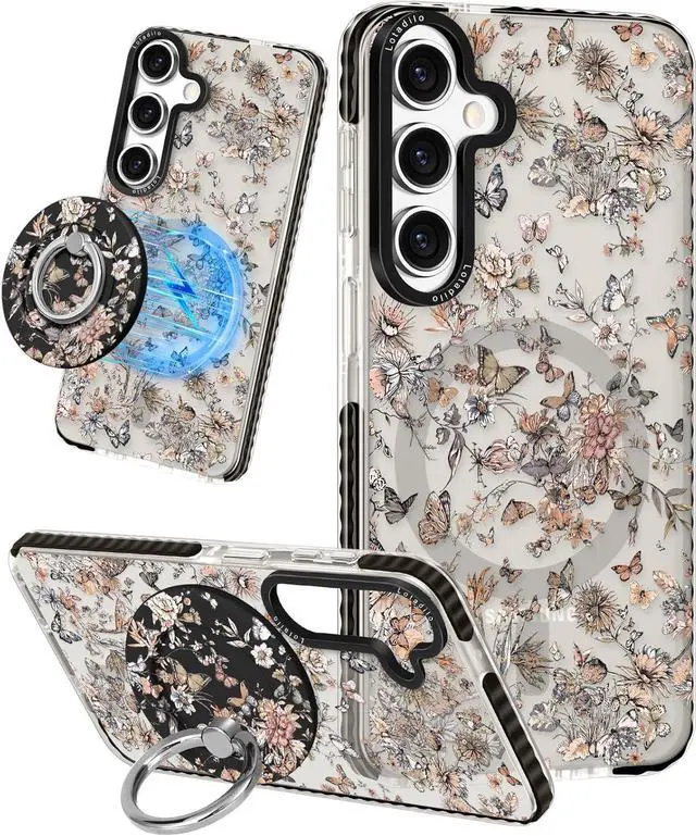Main image of for Samsung Galaxy S23 FE Case for Women - Girls Cute Design Compatible with Magsafe Magnetic Ring Holder Stand Butterfly Plants Phone Covers Aesthetic Girly TPU Funda for S23 FE
