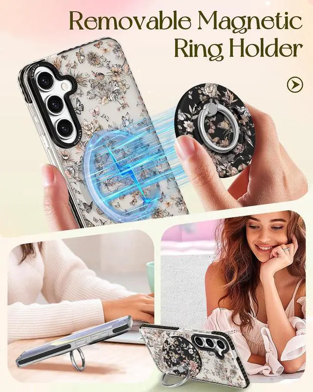 Alt view image 4 of 6 - for Samsung Galaxy S23 FE Case for Women - Girls Cute Design Compatible with Magsafe Magnetic Ring Holder Stand Butterfly Plants Phone Covers Aesthetic Girly TPU Funda for S23 FE