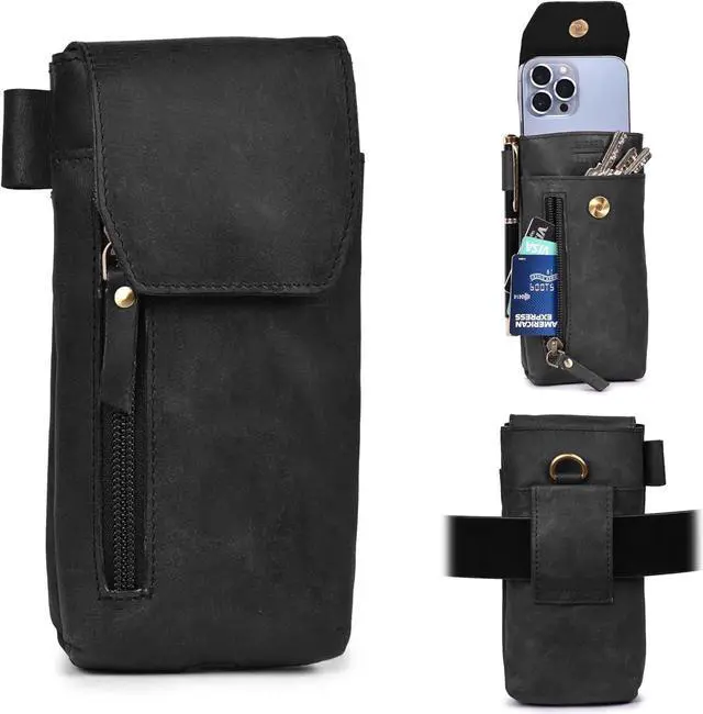 Main image of Leather Village Genuine Leather Cell Phone Holster  7X3.5- Black- Universal Smartphone Phone Case with Belt Clip [Magnetic Closure] ID Card Holder Pouch  iPhone, Samsung Galaxy, Google Pixel