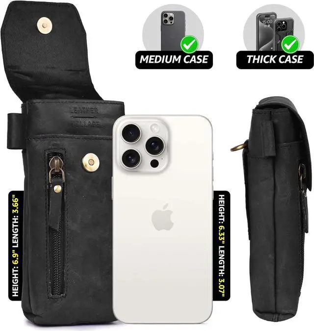 Alt view image 5 of 7 - Leather Village Genuine Leather Cell Phone Holster  7X3.5- Black- Universal Smartphone Phone Case with Belt Clip [Magnetic Closure] ID Card Holder Pouch  iPhone, Samsung Galaxy, Google Pixel