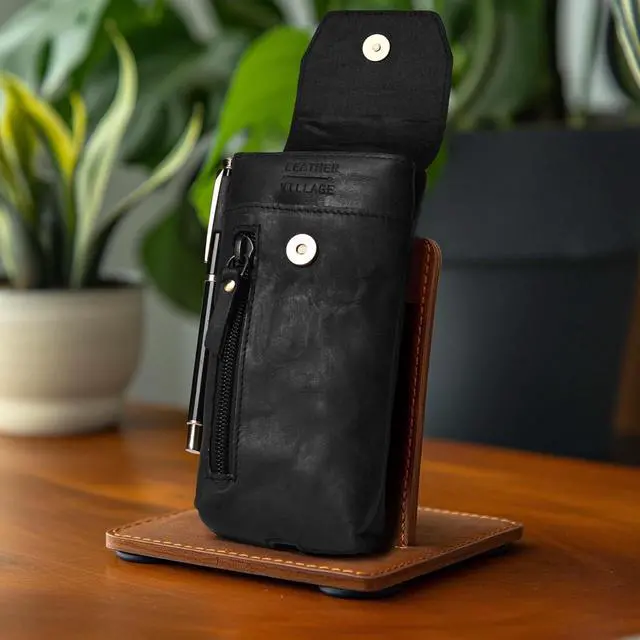 Alt view image 7 of 7 - Leather Village Genuine Leather Cell Phone Holster  7X3.5- Black- Universal Smartphone Phone Case with Belt Clip [Magnetic Closure] ID Card Holder Pouch  iPhone, Samsung Galaxy, Google Pixel