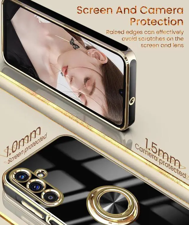 Alt view image 3 of 7 - Dretal for Samsung Galaxy A15 5G Case, Screen Protector, 360° Rotatable Ring Holder Magnetic Kickstand,Plated Gold Edge Slim Soft TPU Protective Phone Cover for Galaxy A15 5G (Black)