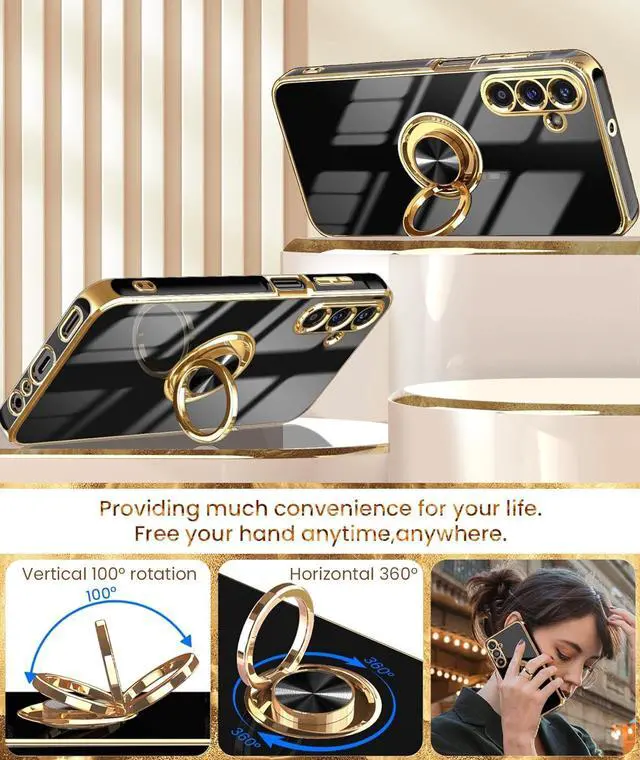 Alt view image 4 of 7 - Dretal for Samsung Galaxy A15 5G Case, Screen Protector, 360° Rotatable Ring Holder Magnetic Kickstand,Plated Gold Edge Slim Soft TPU Protective Phone Cover for Galaxy A15 5G (Black)