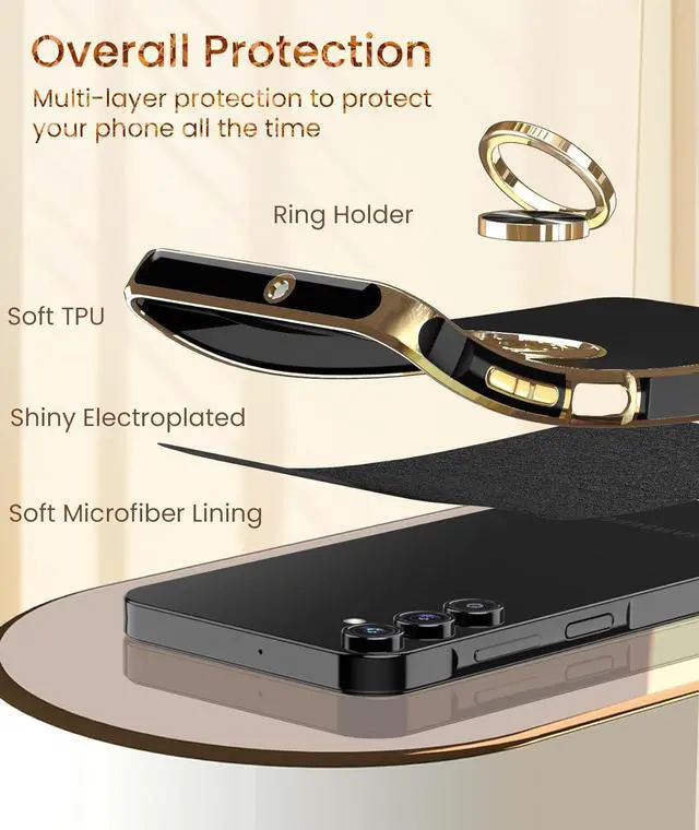 Alt view image 5 of 7 - Dretal for Samsung Galaxy A15 5G Case, Screen Protector, 360° Rotatable Ring Holder Magnetic Kickstand,Plated Gold Edge Slim Soft TPU Protective Phone Cover for Galaxy A15 5G (Black)
