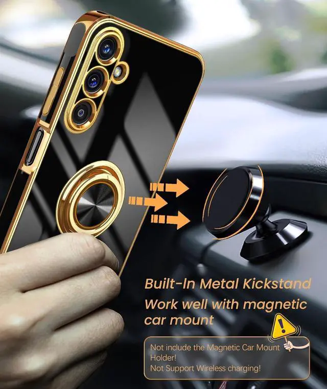 Alt view image 6 of 7 - Dretal for Samsung Galaxy A15 5G Case, Screen Protector, 360° Rotatable Ring Holder Magnetic Kickstand,Plated Gold Edge Slim Soft TPU Protective Phone Cover for Galaxy A15 5G (Black)