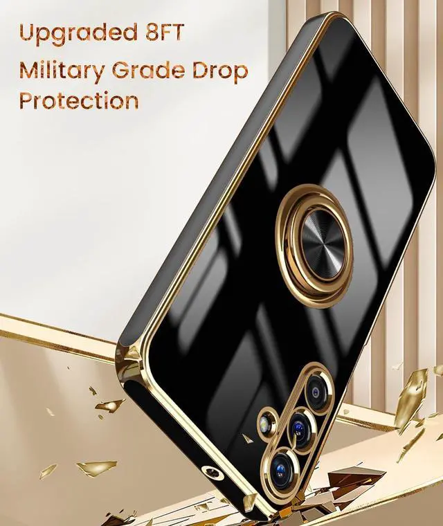 Alt view image 7 of 7 - Dretal for Samsung Galaxy A15 5G Case, Screen Protector, 360° Rotatable Ring Holder Magnetic Kickstand,Plated Gold Edge Slim Soft TPU Protective Phone Cover for Galaxy A15 5G (Black)