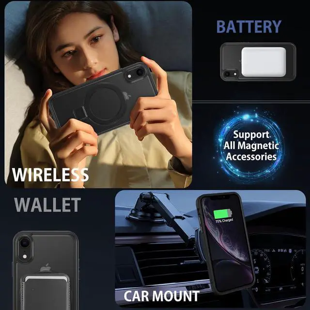 Alt view image 2 of 7 - DUEDUE for iPhone XR Case Magnetic with Ring Stand[Compatible with Magsafe], Full Body Protective Cover Slim Shockproof Kickstand Phone Case for Apple iPhone XR 6.1", Black