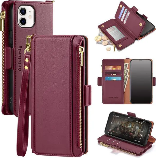 Main image of for iPhone 11 Wallet CaseRFID Blocking PU Leather Phone Case Women Men flip Shockproof Protective Cover with Wrist Strap Zipper Pocket Credit Card Holder Slots,for Apple 11 6.1",Wine Red
