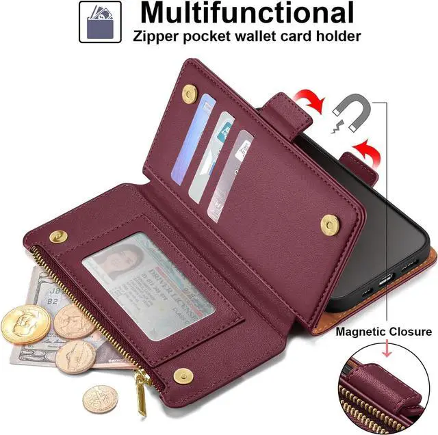 Alt view image 4 of 7 - Antsturdy Compatible with iPhone XR Wallet Case,RFID Blocking PU Leather Phone Case Women Men Flip Shockproof Protective Cover with Wrist Strap Zipper Pocket Credit Card Holder Slots,Wine Red