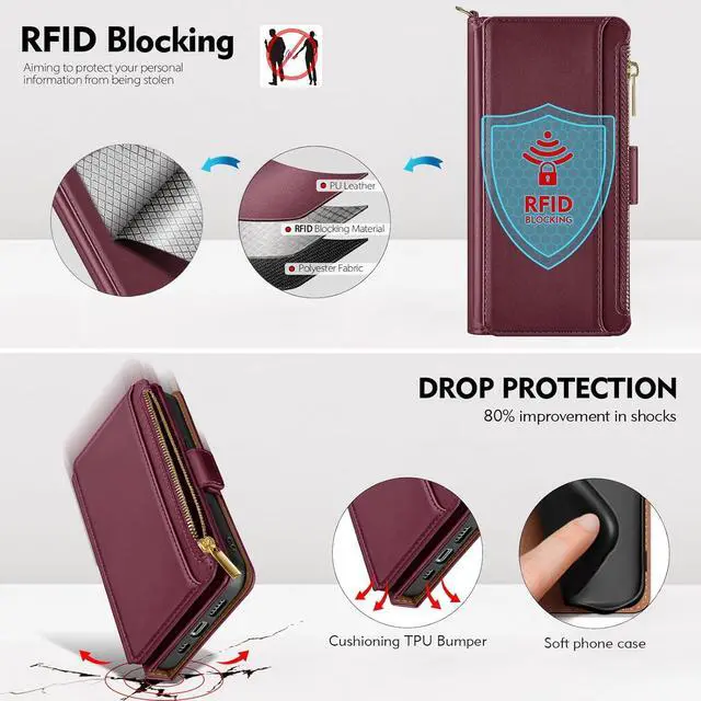 Alt view image 5 of 7 - Antsturdy Compatible with iPhone XR Wallet Case,RFID Blocking PU Leather Phone Case Women Men Flip Shockproof Protective Cover with Wrist Strap Zipper Pocket Credit Card Holder Slots,Wine Red