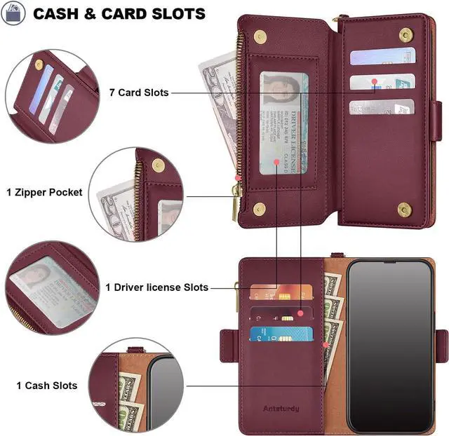 Alt view image 6 of 7 - Antsturdy Compatible with iPhone XR Wallet Case,RFID Blocking PU Leather Phone Case Women Men Flip Shockproof Protective Cover with Wrist Strap Zipper Pocket Credit Card Holder Slots,Wine Red
