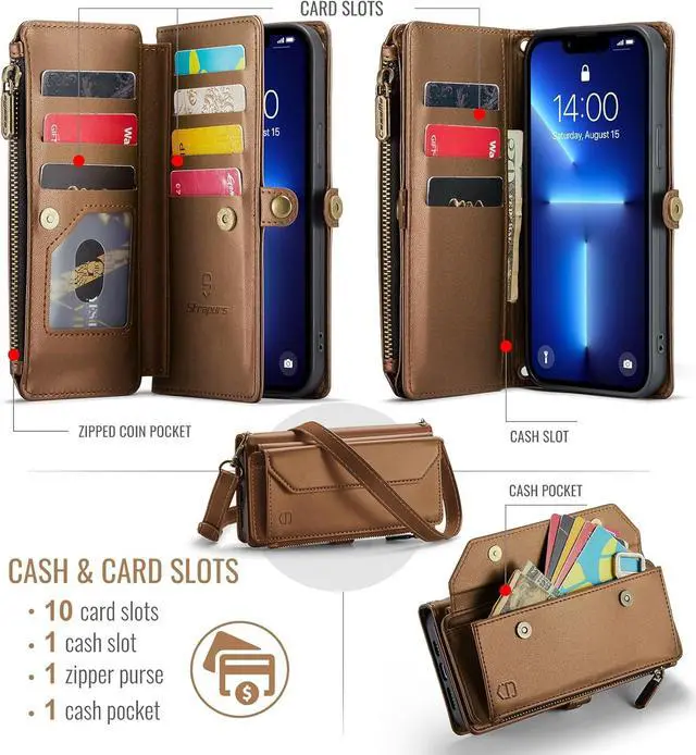 Alt view image 3 of 6 - Crossbody for iPhone 13 Pro Max Phone Case WalletRFID Blocking with 10-Card Holder Zipper Bills Slot, Soft PU Leather Magnetic Wrist Strap for iPhone 13 Pro Max Wallet Case for Women,Brown