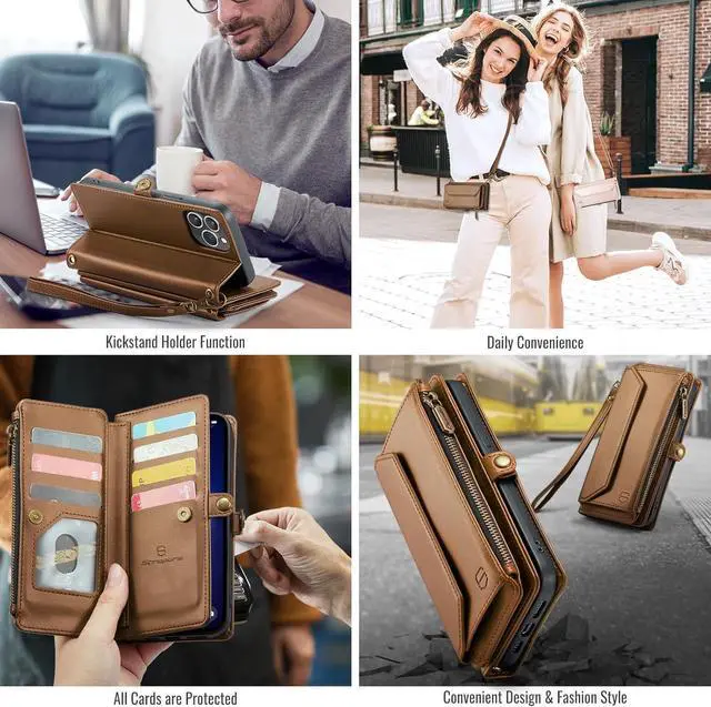 Alt view image 6 of 6 - Crossbody for iPhone 13 Pro Max Phone Case WalletRFID Blocking with 10-Card Holder Zipper Bills Slot, Soft PU Leather Magnetic Wrist Strap for iPhone 13 Pro Max Wallet Case for Women,Brown