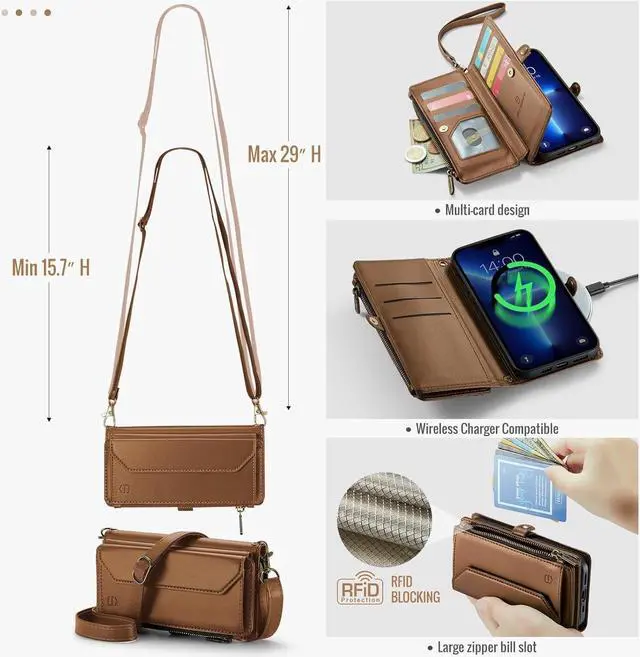Alt view image 5 of 6 - Crossbody for iPhone 13 Pro Max Phone Case WalletRFID Blocking with 10-Card Holder Zipper Bills Slot, Soft PU Leather Magnetic Wrist Strap for iPhone 13 Pro Max Wallet Case for Women,Brown