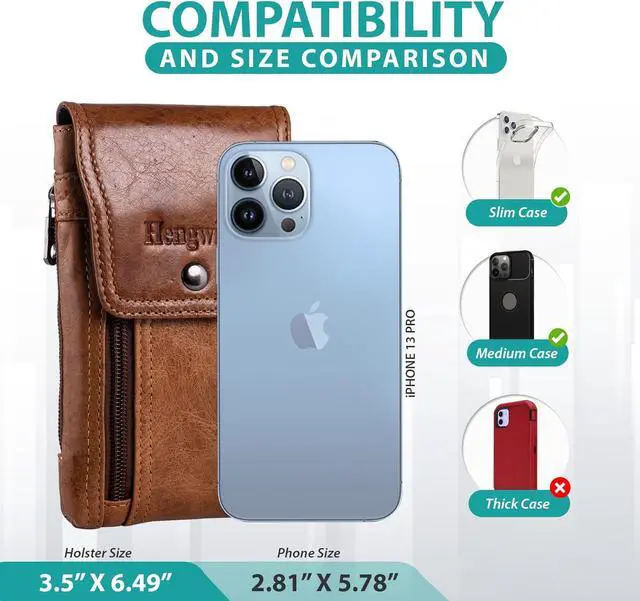 Alt view image 3 of 6 - Hengwin Leather Cell Phone Holster Fits for iPhone 15 Pro 14 Pro 13 Pro 12 Pro 11 Pro Samsung Galaxy S24 Pouch Case with Belt Clip Belt Loop Card Holder, Waist Purse Mobile Phone Bag for Belt (Brown)