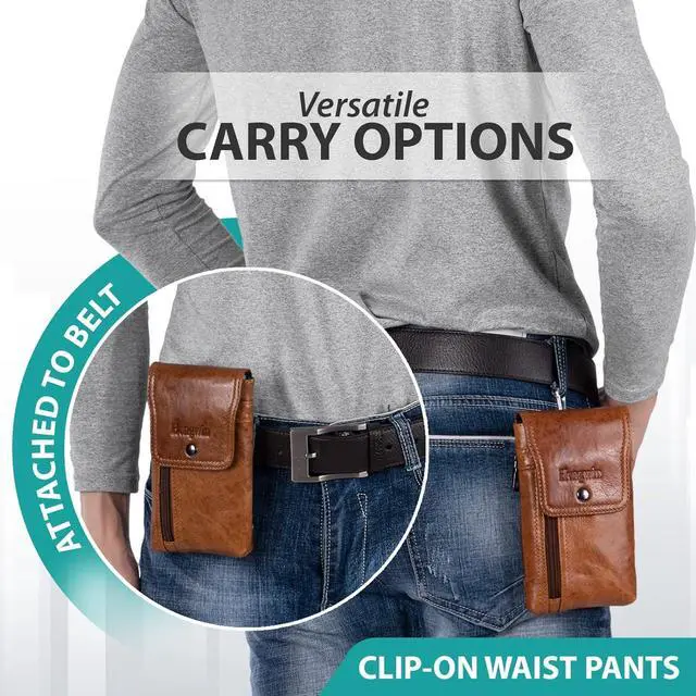 Alt view image 6 of 6 - Hengwin Leather Cell Phone Holster Fits for iPhone 15 Pro 14 Pro 13 Pro 12 Pro 11 Pro Samsung Galaxy S24 Pouch Case with Belt Clip Belt Loop Card Holder, Waist Purse Mobile Phone Bag for Belt (Brown)