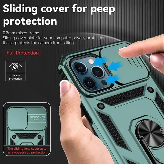 Alt view image 4 of 6 - for iPhone 12 Pro Max Case,with Camera Lens Cover HD Screen Protector,[Military Grade] Ring Car Mount Kickstand Hybrid Hard PC Soft TPU Shockproof Protective Case for iPhone 12 Pro Max-Green